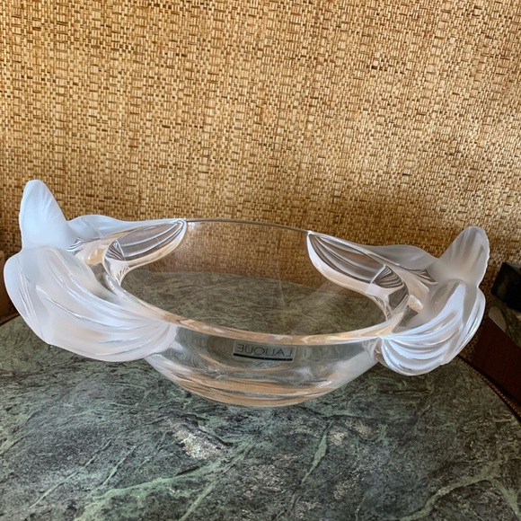 LALIQUE fruit bowl with double orchid L12.5”,D8.5”,H5 1/4”Signed Lalique France - Picture 10 of 12